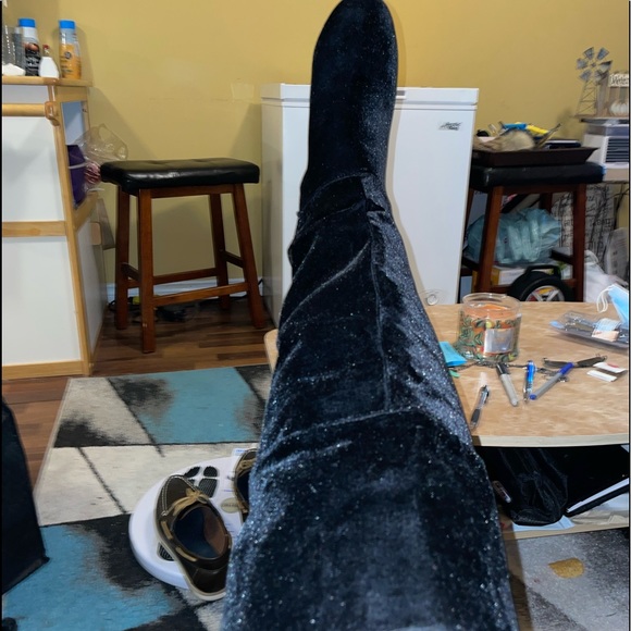 Black Faux Suede over the knee block heel boots - Picture 2 of 9